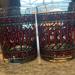 2 Vintage Houze Blue Seasons Greetings glasses